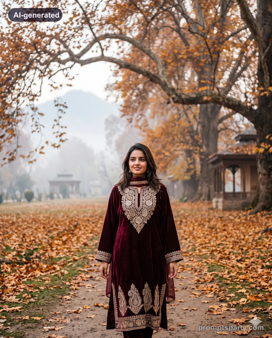 Ananya in a burgundy velvet Kashmiri Phiran with gold Tilla embroidery in an autumn chinar garden, Gemini version