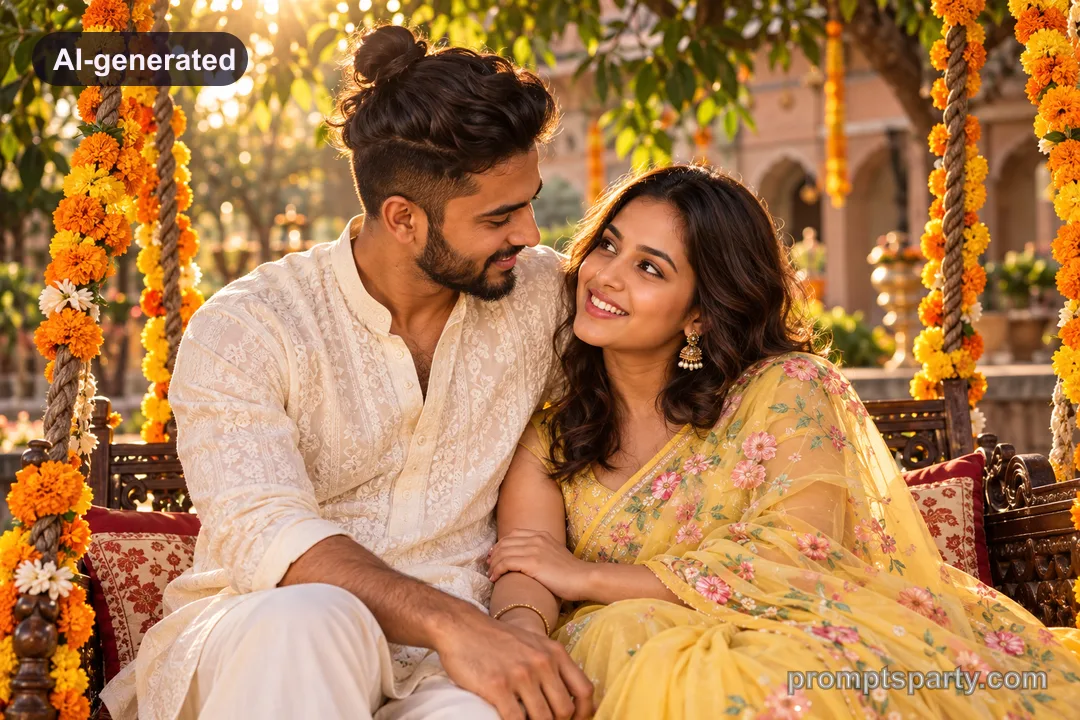Tara and partner seated on antique wooden jhula swing wrapped in marigold garlands, ChatGPT version