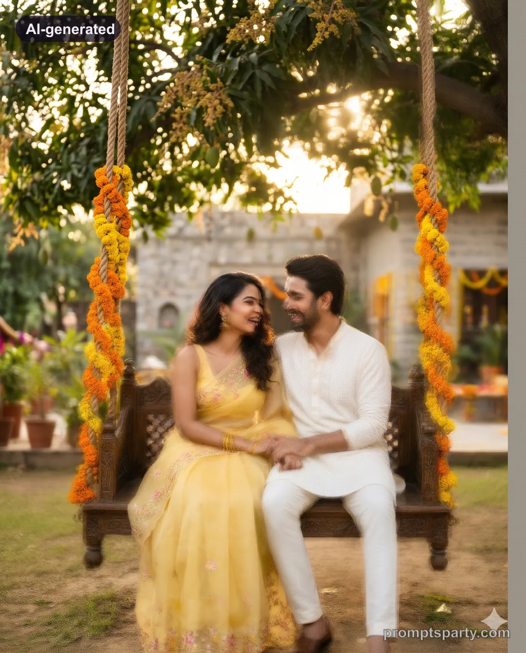 Tara and partner seated on antique wooden jhula swing wrapped in marigold garlands, Gemini version