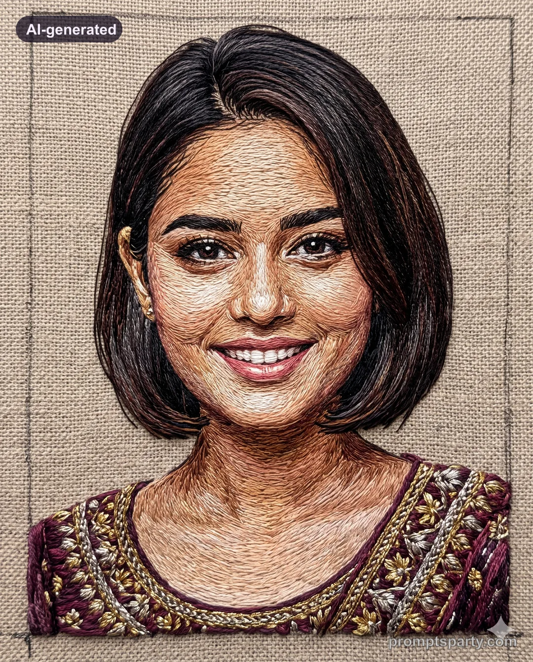 Meera rendered as 3D textile silk and metallic gold zari thread art, Gemini version