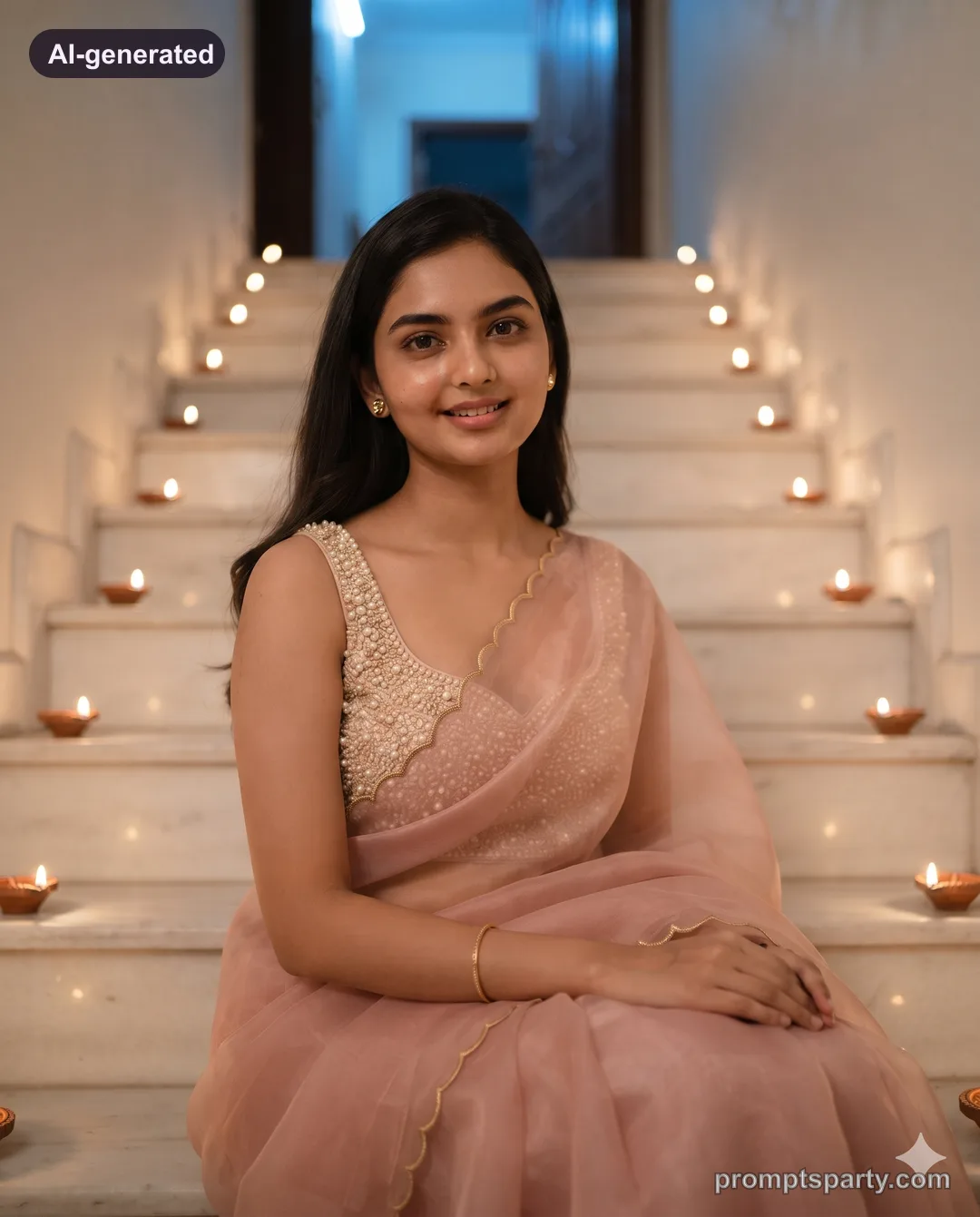Riya in a blush organza saree on a diya-lined marble staircase, Gemini version