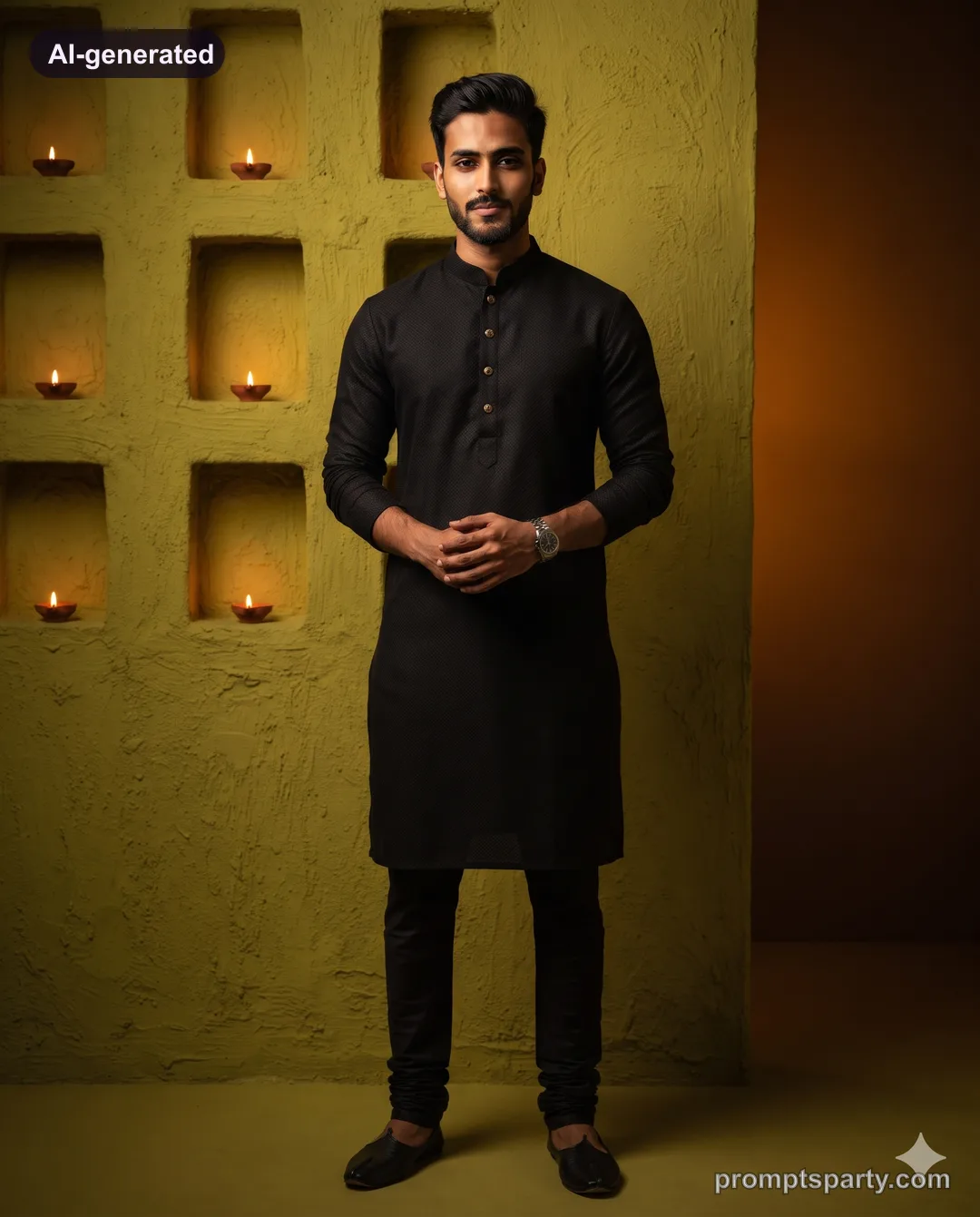 Arjun in a black kurta with gold buttons before a wall of diyas, Gemini version