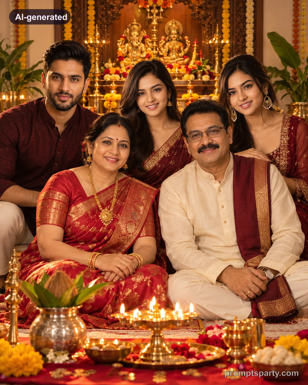 Riya and family gathered for Lakshmi Puja before a home mandir, ChatGPT version