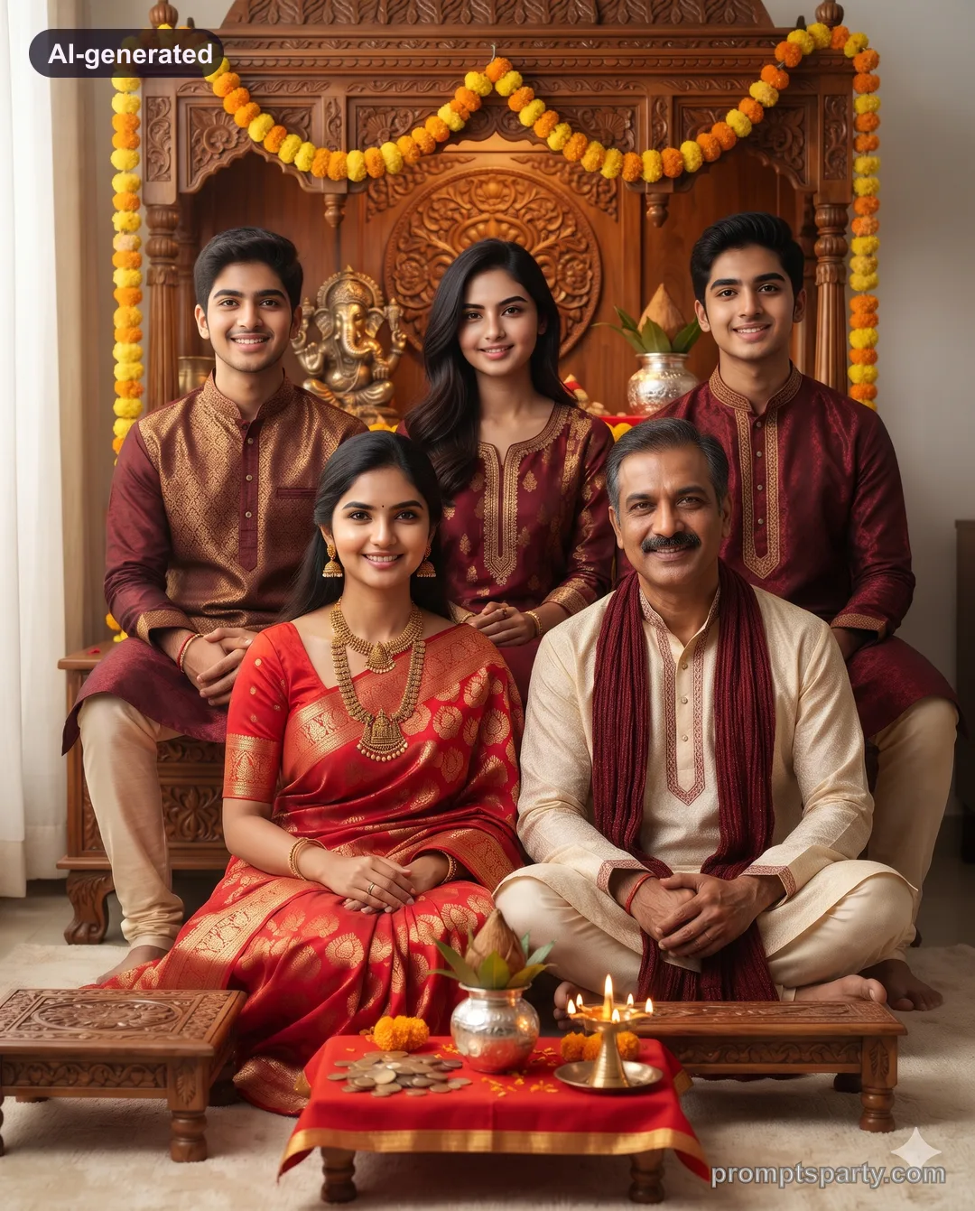 Riya and family gathered for Lakshmi Puja before a home mandir, Gemini version