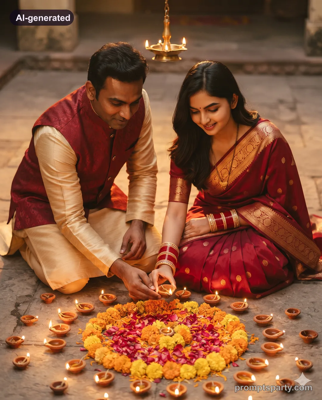 Newly married couple placing a diya into a rangoli in a courtyard, Gemini version