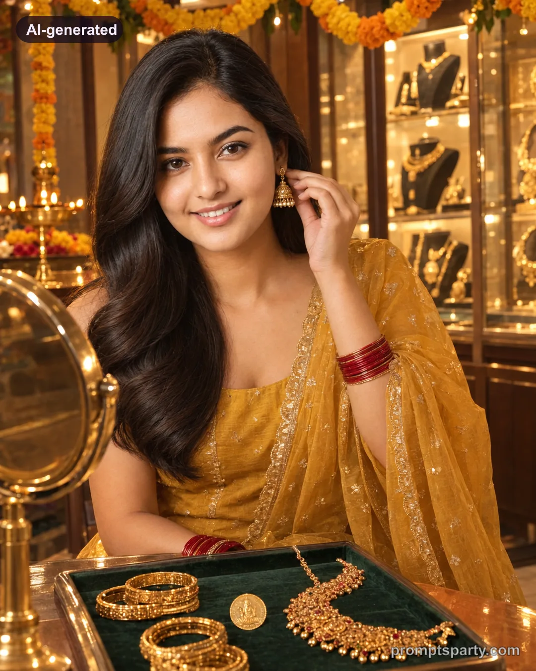 Riya trying gold jhumkas at a jewellery counter on Dhanteras, ChatGPT version