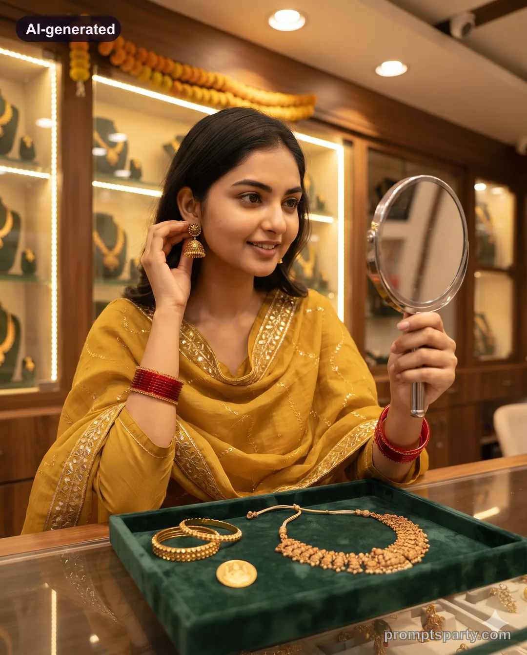 Riya trying gold jhumkas at a jewellery counter on Dhanteras, Gemini version