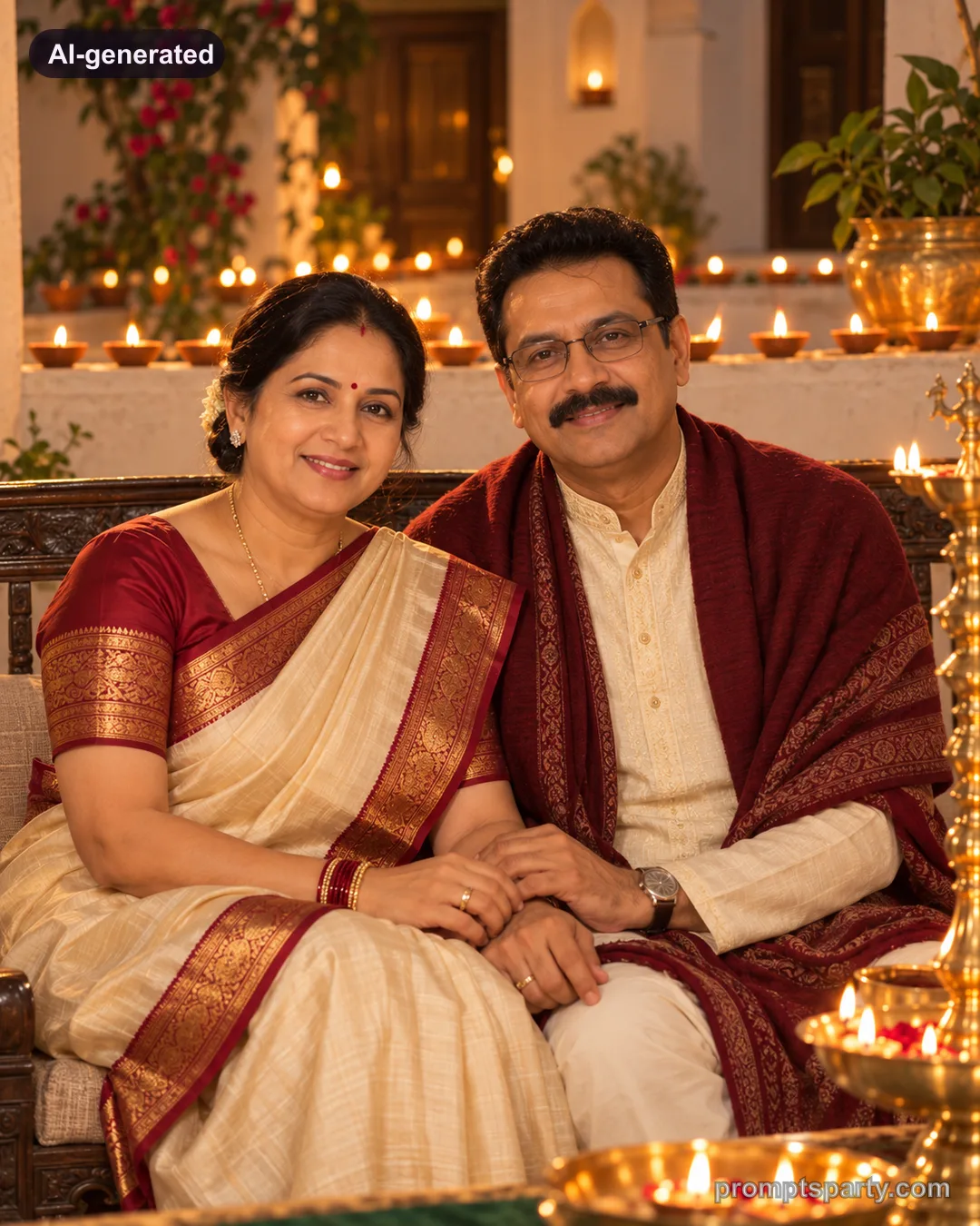 Older couple seated on a bench among glowing diyas in a courtyard, ChatGPT version