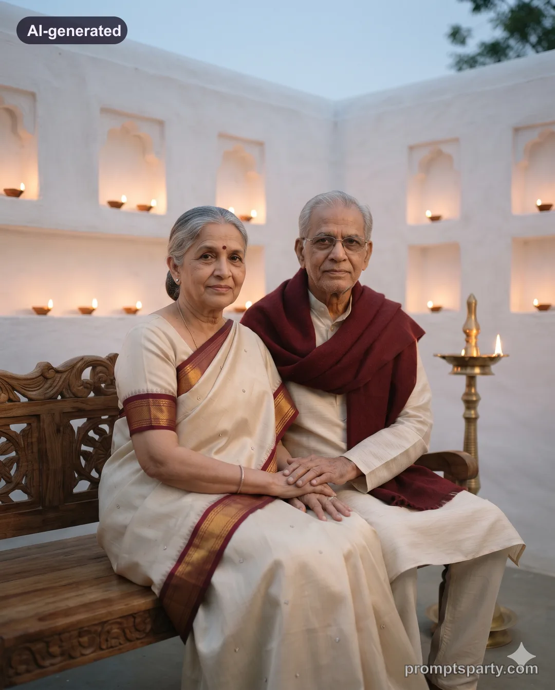 Older couple seated on a bench among glowing diyas in a courtyard, Gemini version