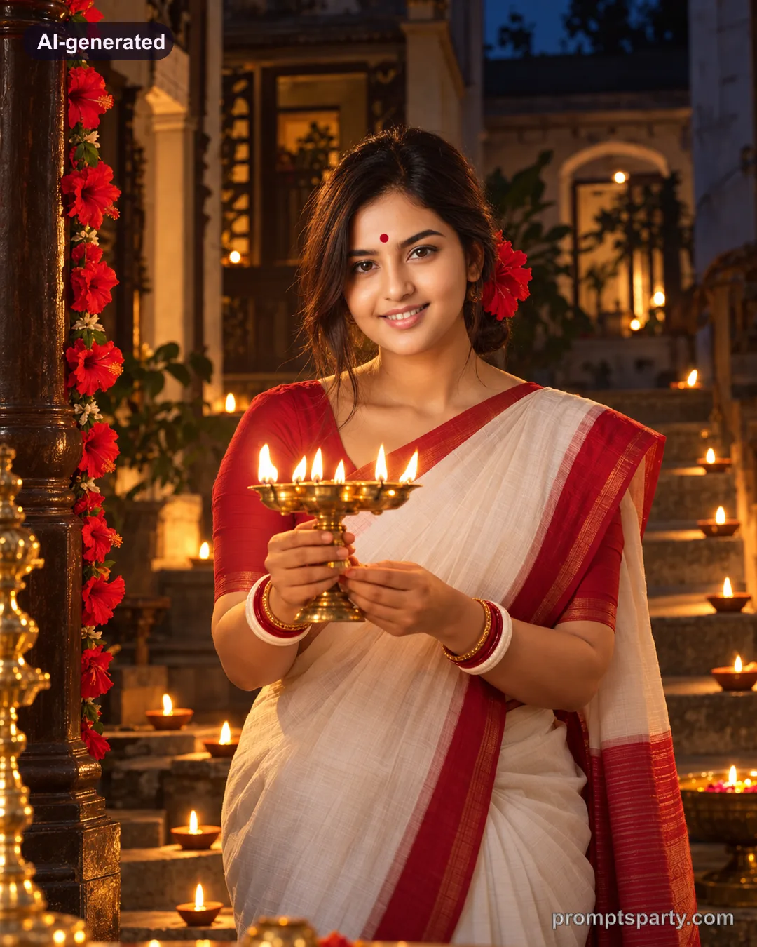 Riya in a white red-bordered saree holding a brass lamp on Kali Puja night, ChatGPT version