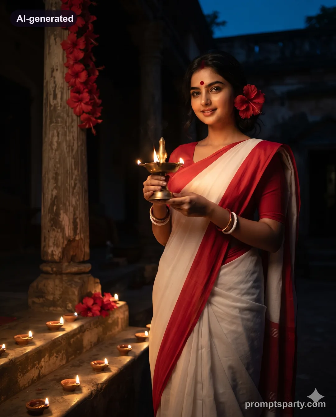 Riya in a white red-bordered saree holding a brass lamp on Kali Puja night, Gemini version