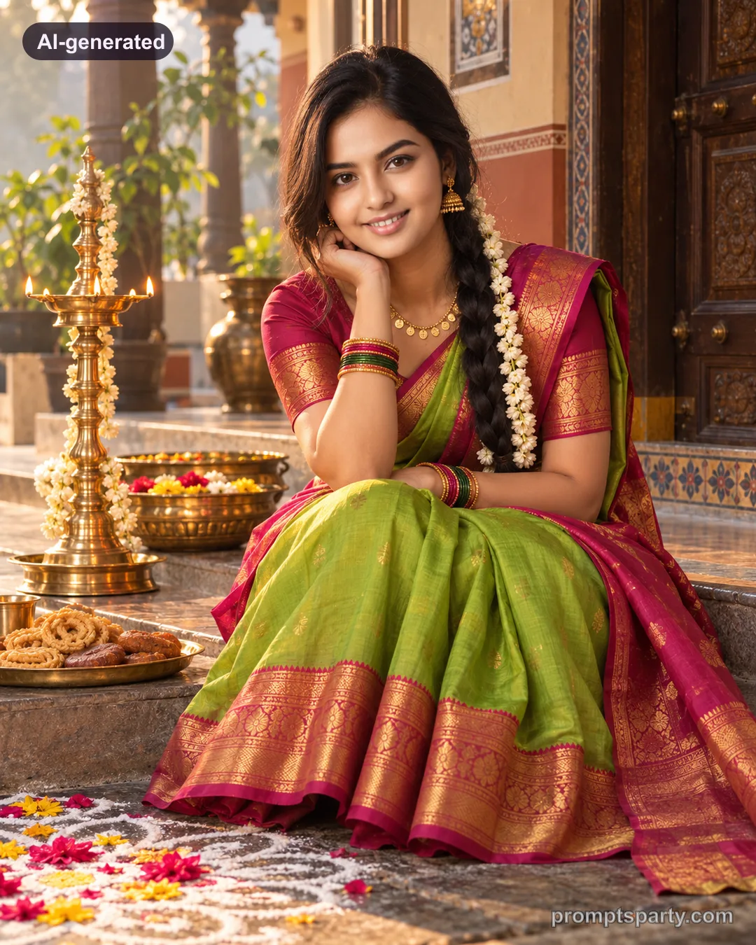 Riya in a silk half-saree on a front step beside a rice-flour kolam, ChatGPT version