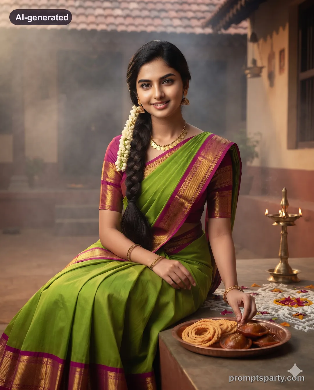 Riya in a silk half-saree on a front step beside a rice-flour kolam, Gemini version