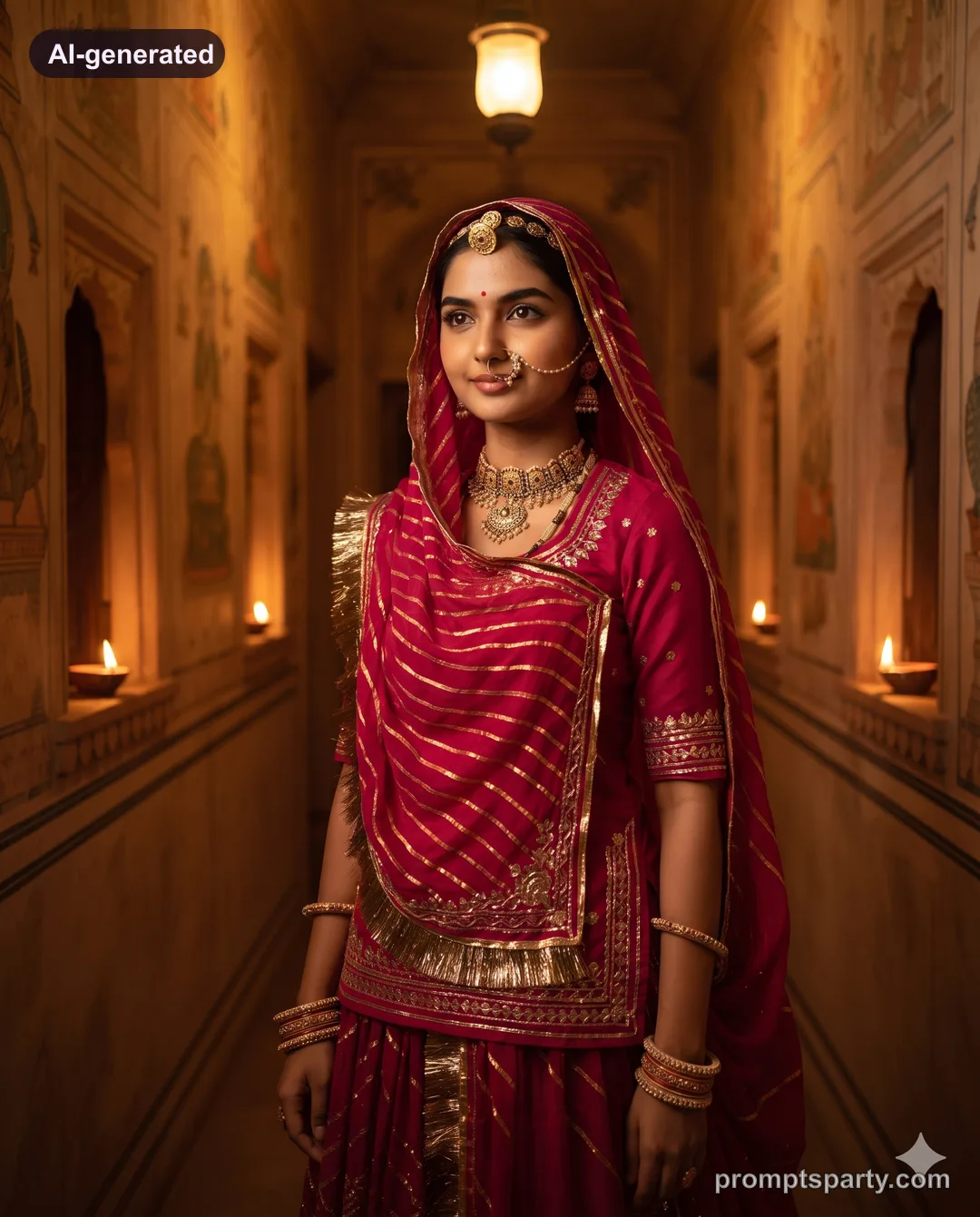 Riya in a pink Marwari poshak with gold borla in a haveli corridor, Gemini version