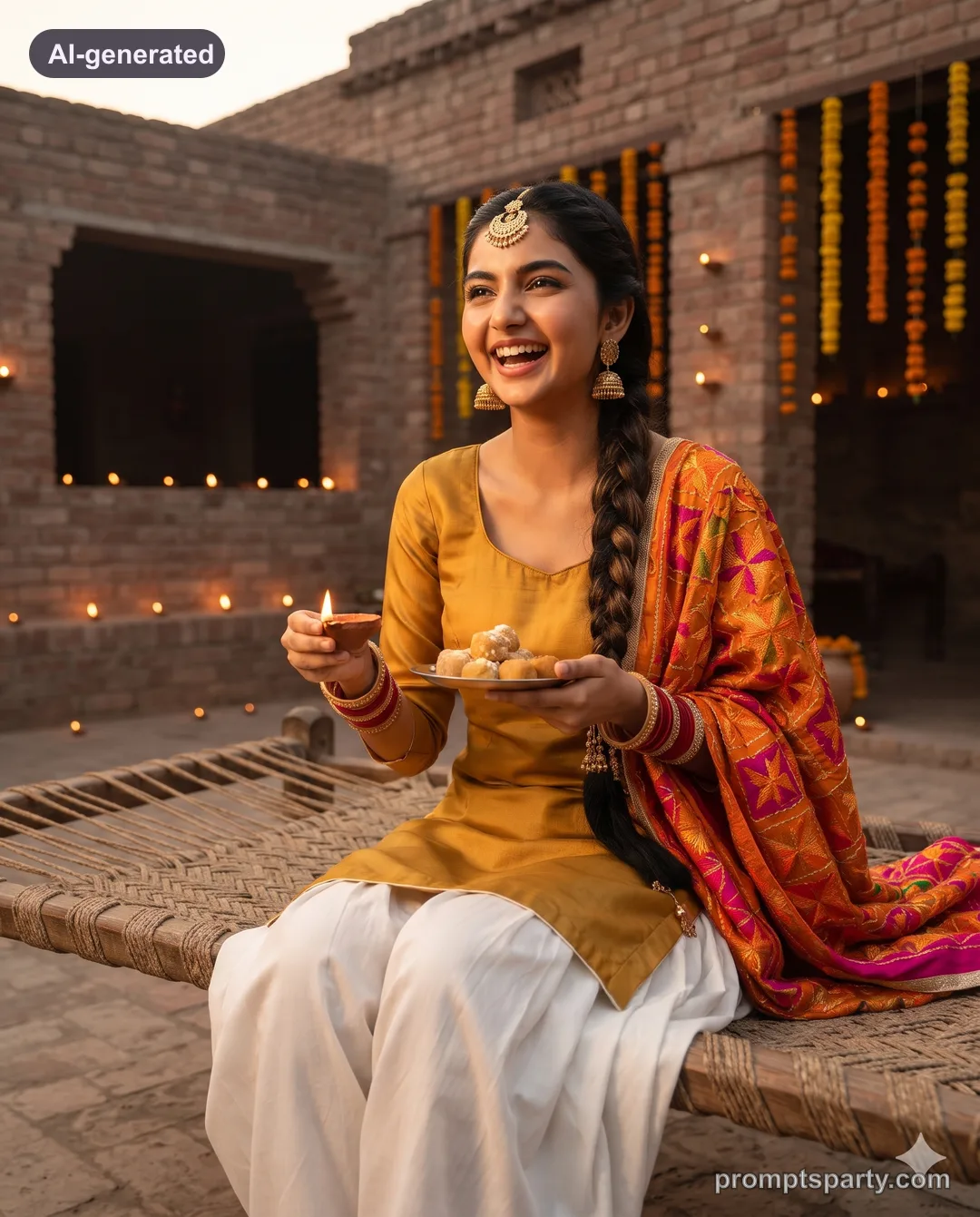 Riya in a phulkari dupatta and Patiala salwar on a charpai with diyas, Gemini version
