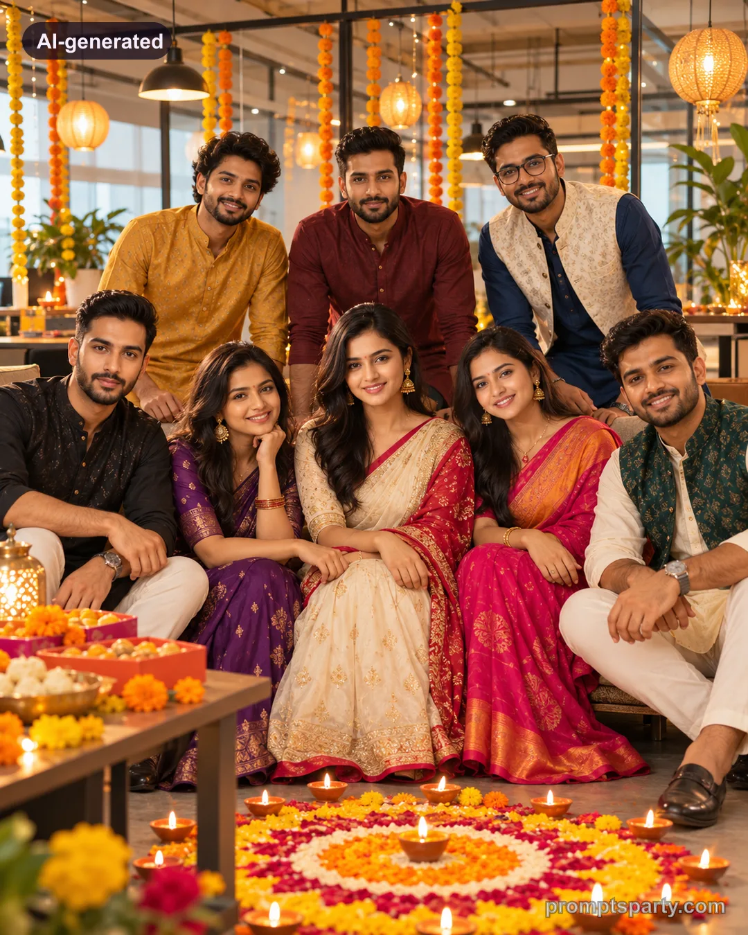 Office colleagues in ethnic wear posing by a rangoli at a Diwali party, ChatGPT version