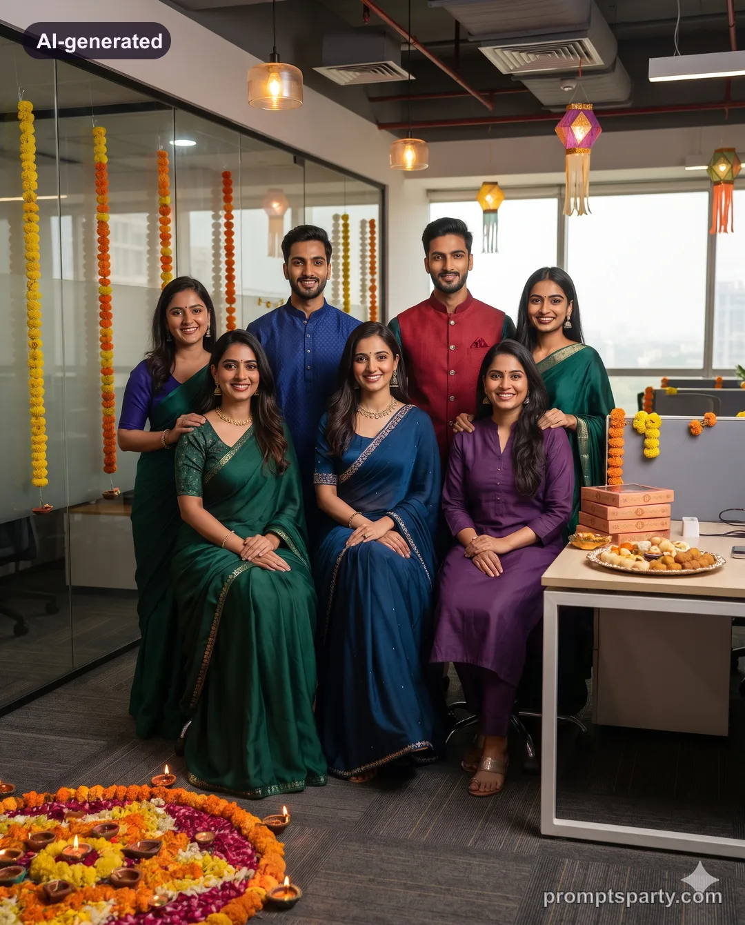 Office colleagues in ethnic wear posing by a rangoli at a Diwali party, Gemini version