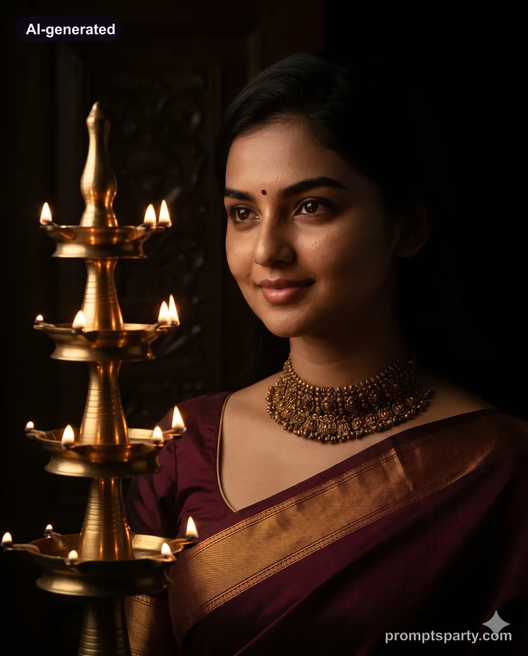 Riya lit only by a tall brass samai lamp in a dark room, Gemini version