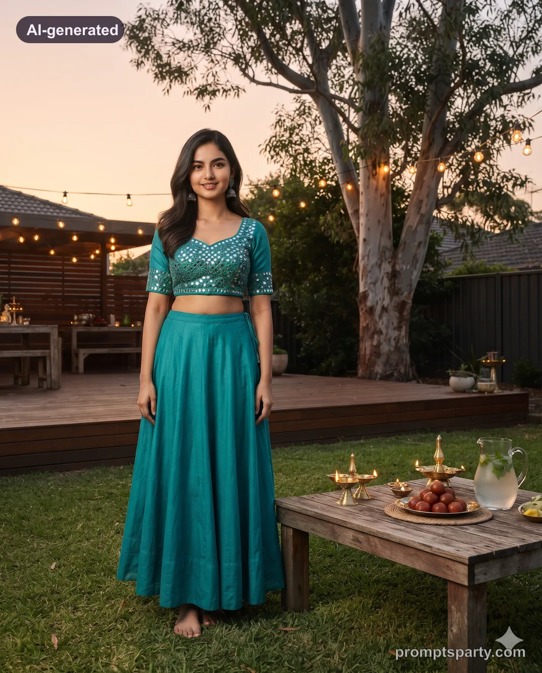 Riya in a teal lehenga lighting diyas in a Sydney backyard at dusk, Gemini version
