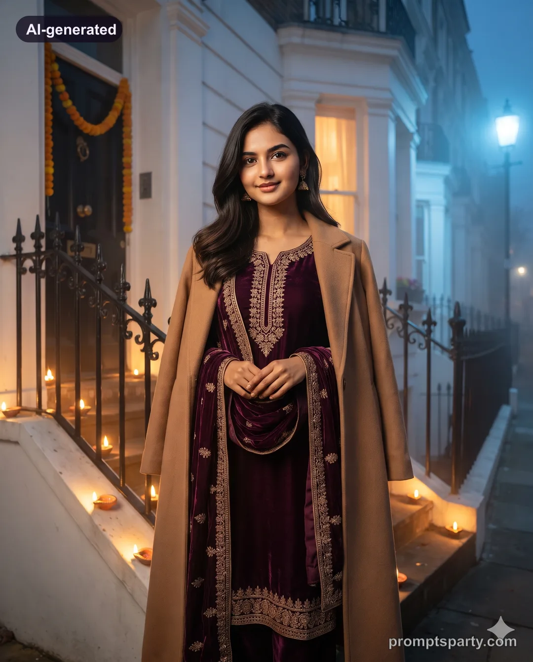 Riya in a plum velvet kurta on diya-lit London terrace steps, Gemini version