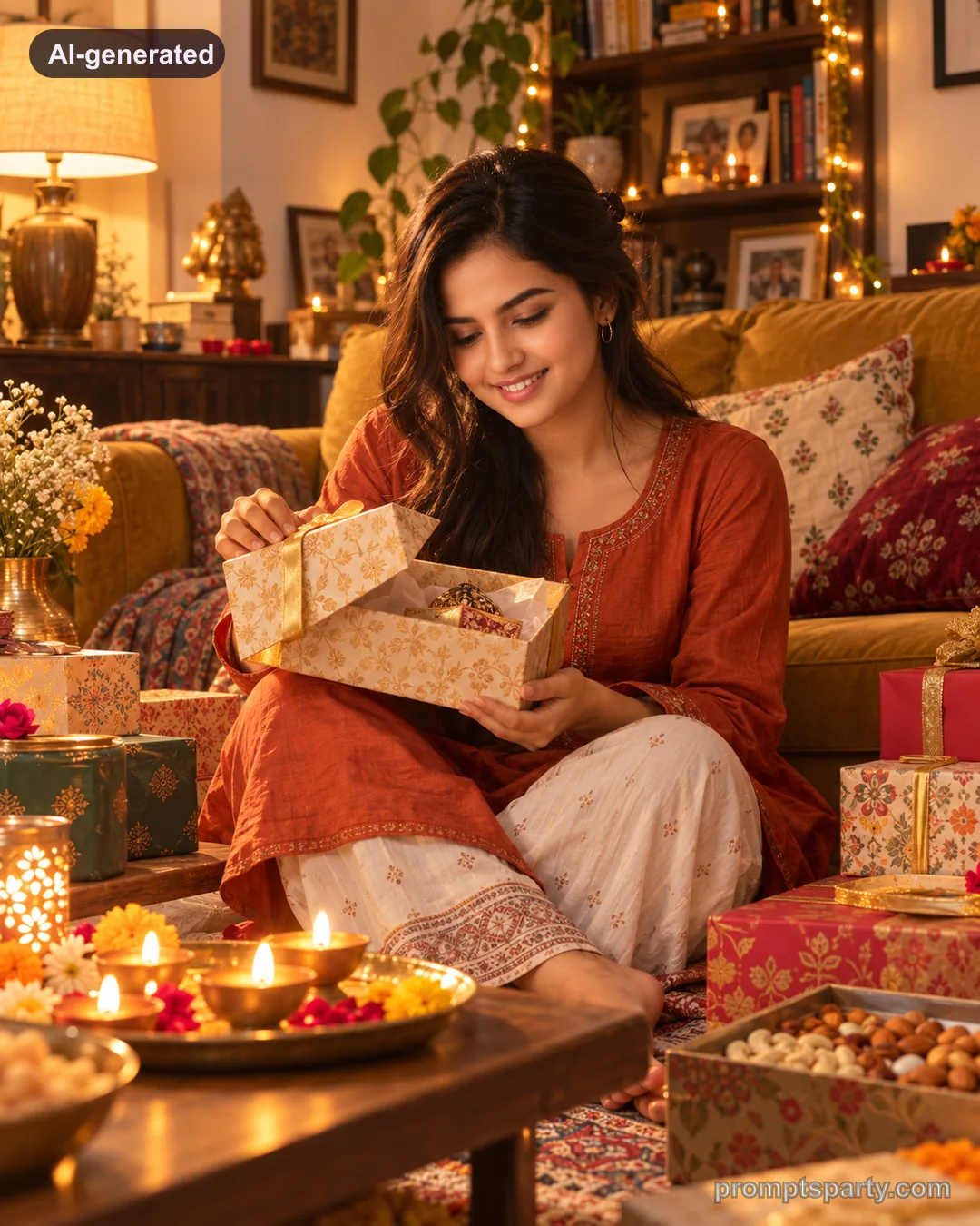 Riya opening a Diwali gift box on a mustard velvet sofa, ChatGPT version