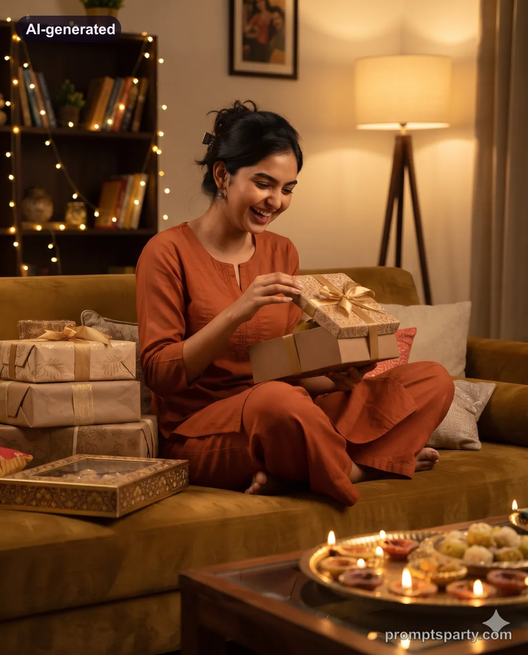 Riya opening a Diwali gift box on a mustard velvet sofa, Gemini version