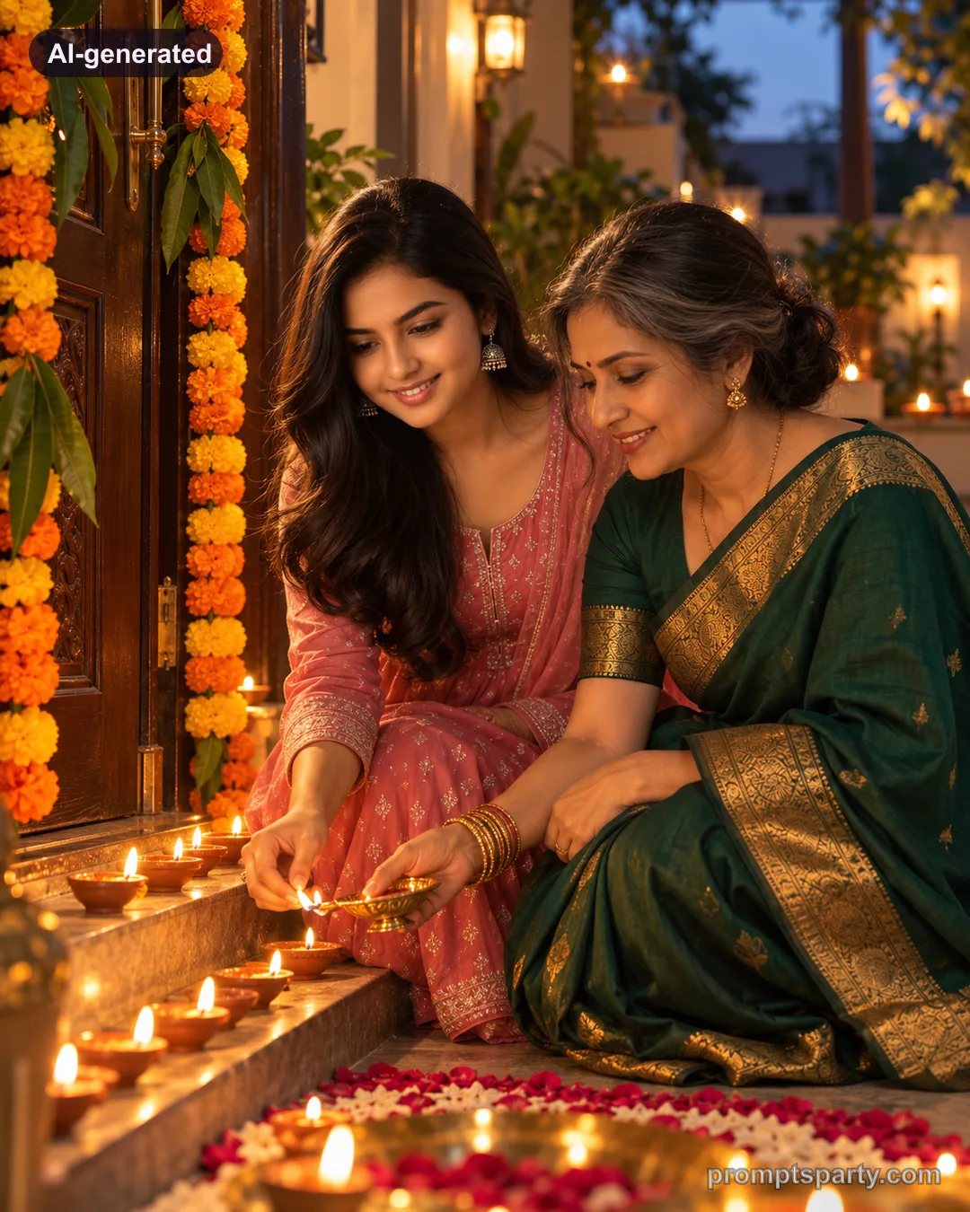 Riya and her mother lighting diyas at the doorstep, ChatGPT version