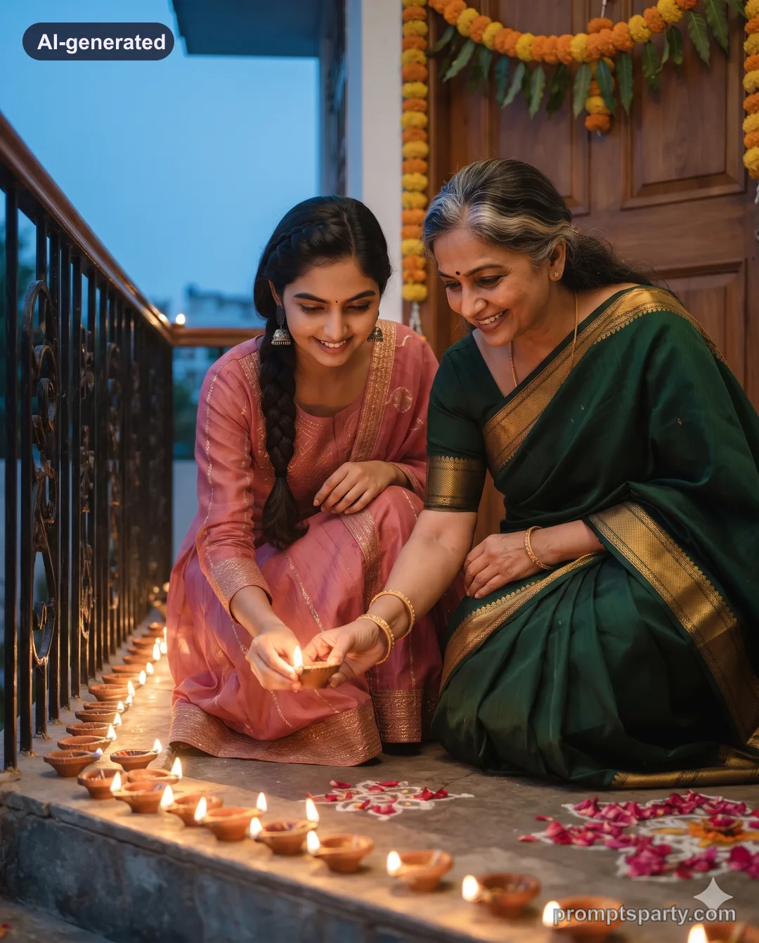 Riya and her mother lighting diyas at the doorstep, Gemini version