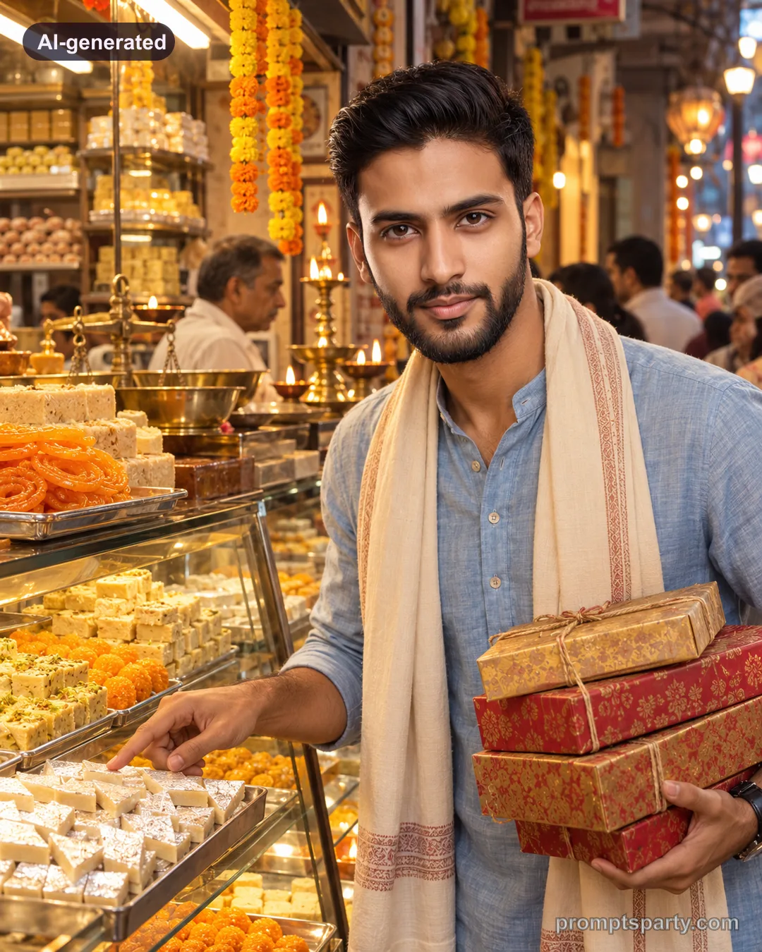 Arjun buying Diwali sweets at a traditional mithai shop counter, ChatGPT version
