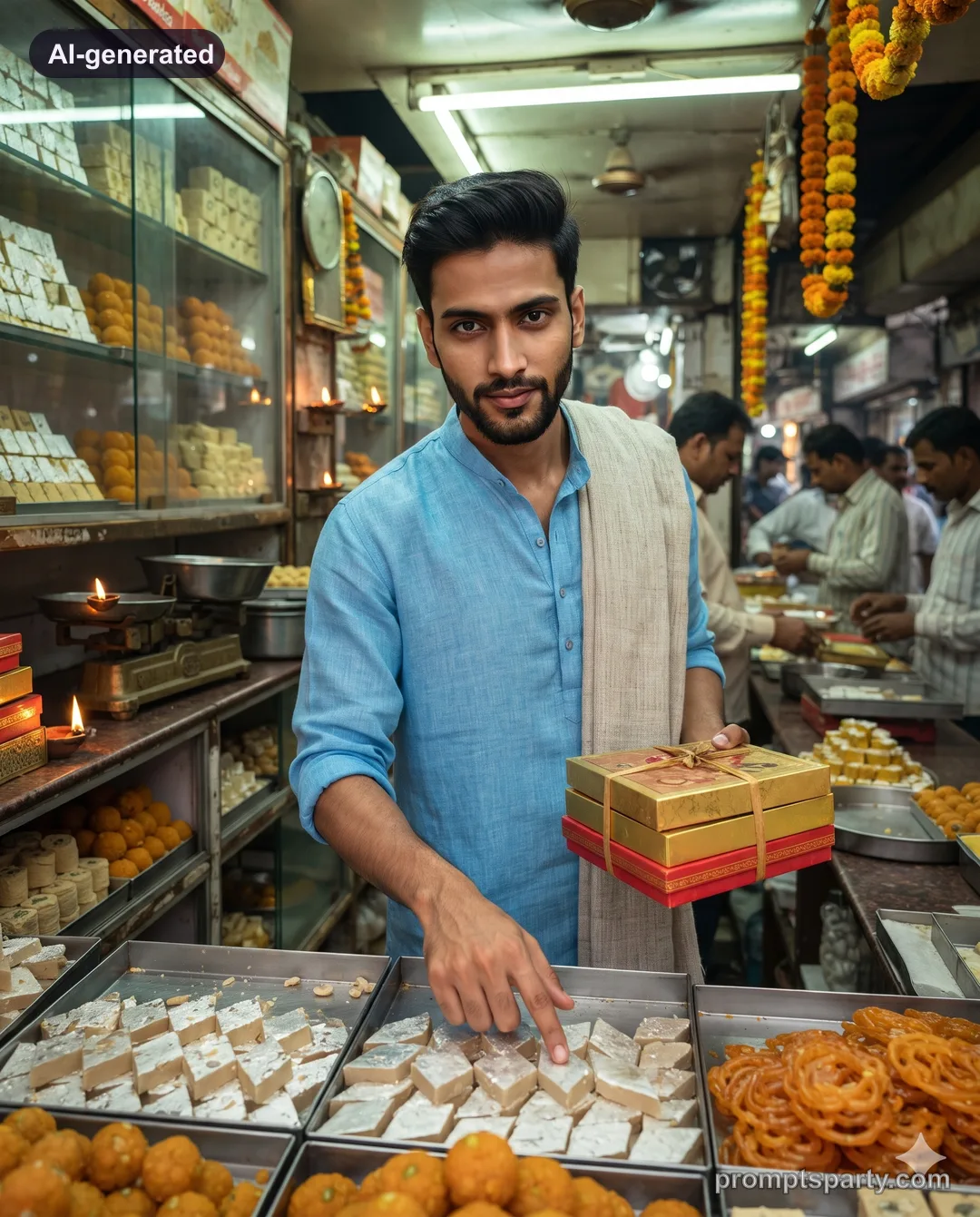 Arjun buying Diwali sweets at a traditional mithai shop counter, Gemini version