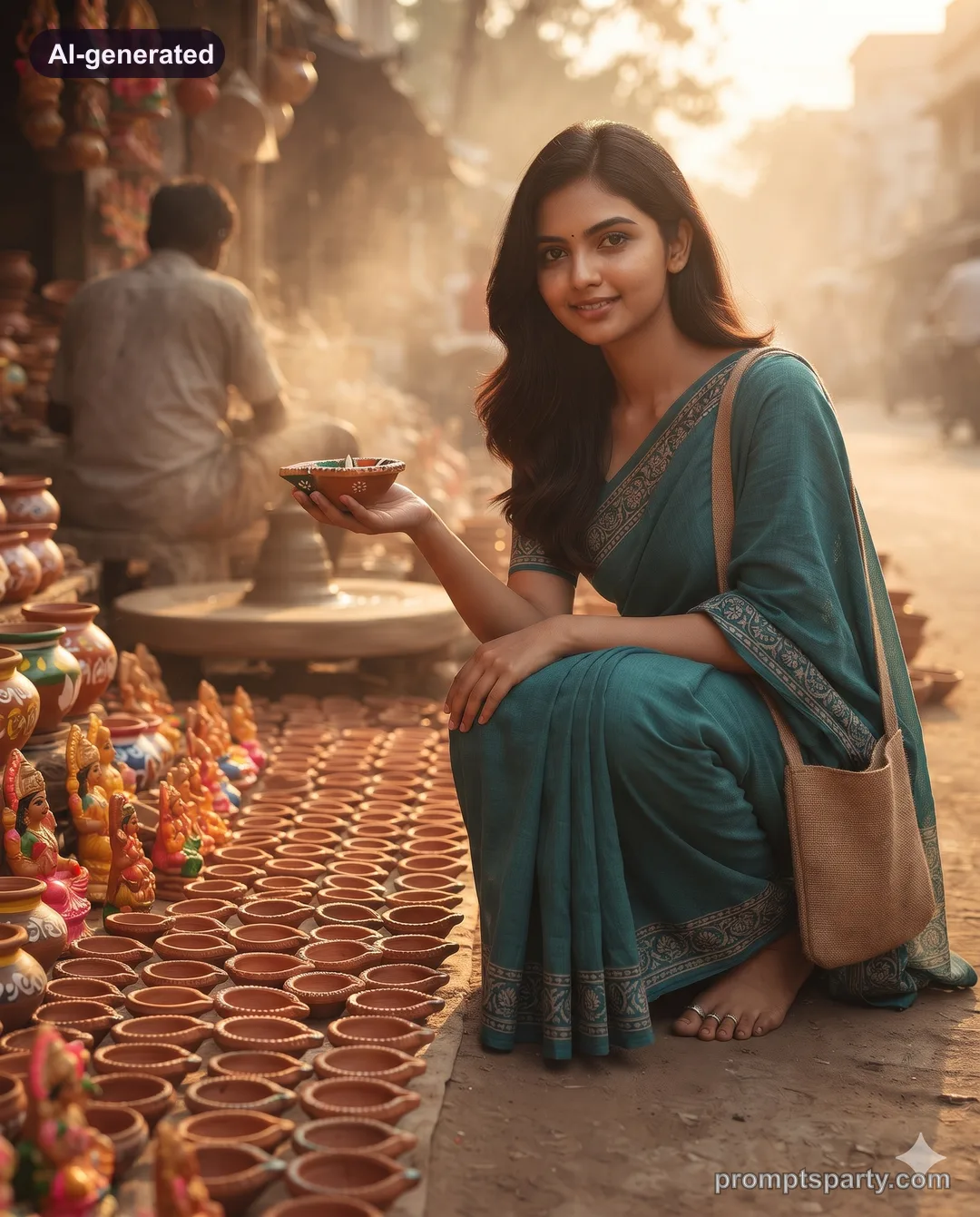 Riya holding a painted clay diya at a potter's roadside stall, Gemini version