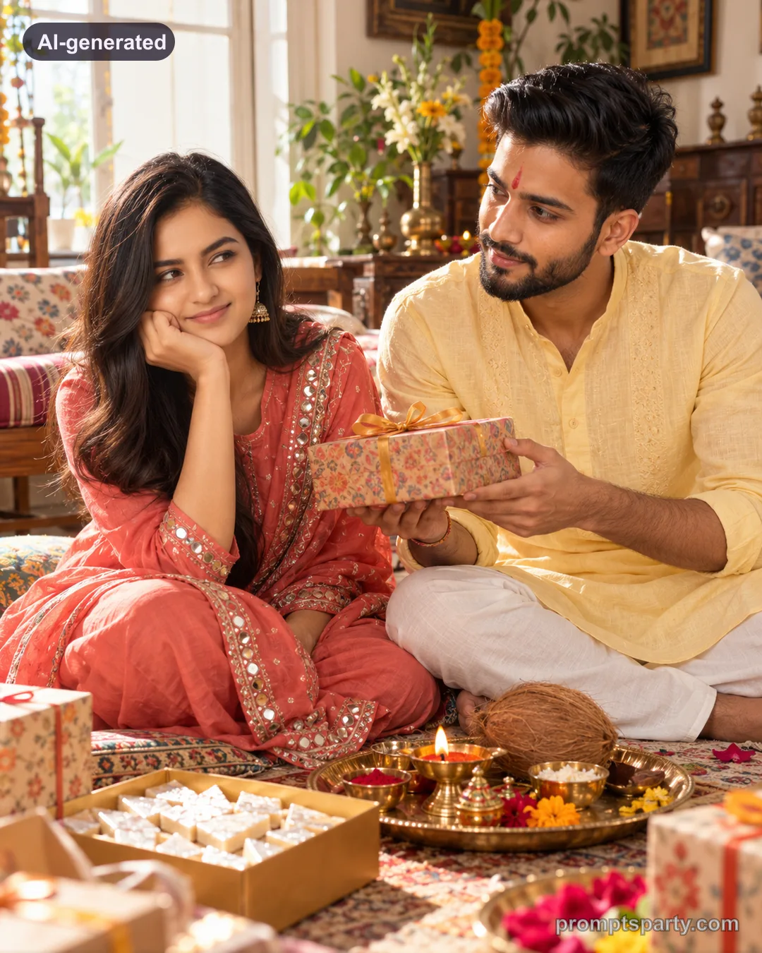 Riya and her brother exchanging a gift on Bhai Dooj, ChatGPT version