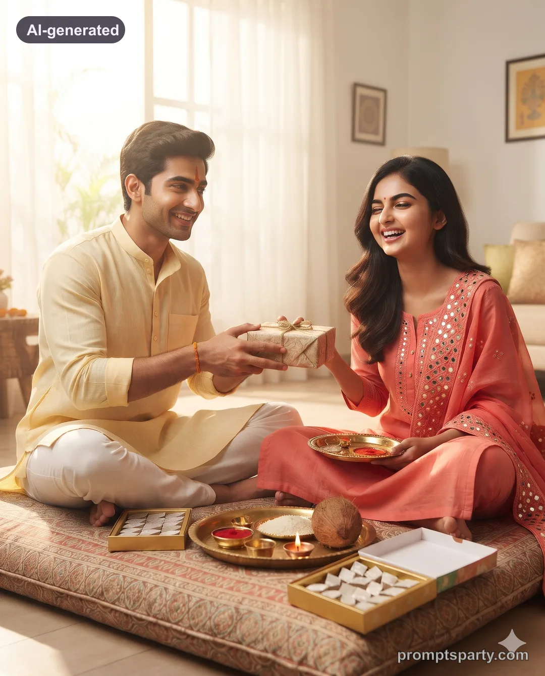 Riya and her brother exchanging a gift on Bhai Dooj, Gemini version