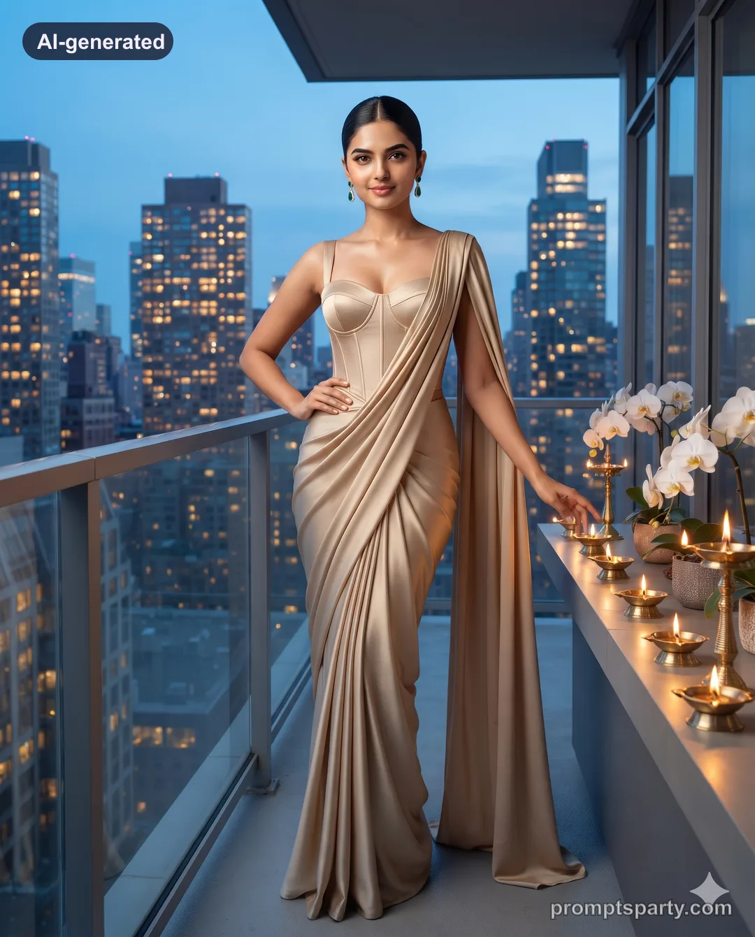 Riya in a champagne pre-draped saree gown on a skyline balcony, Gemini version