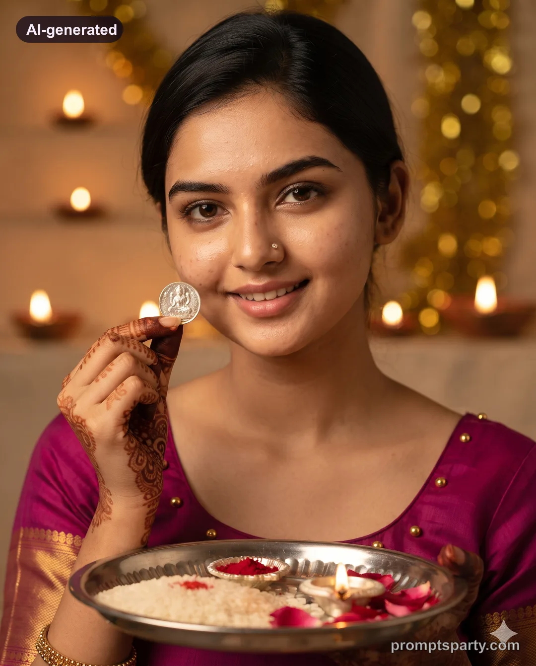 Riya holding a silver Lakshmi coin near her face for Dhanteras, Gemini version