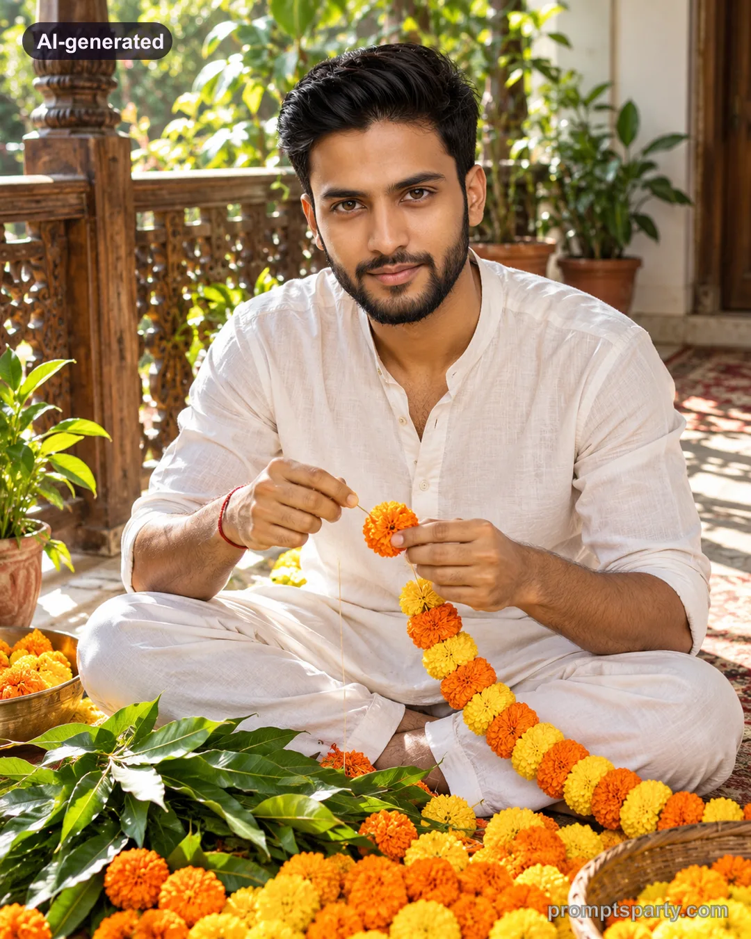 Arjun stringing marigold flowers on a sunny verandah, ChatGPT version