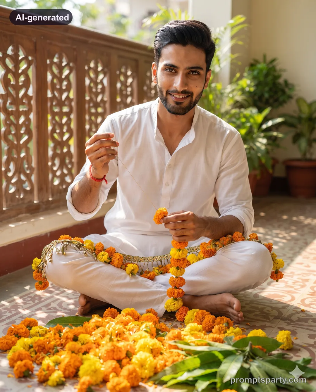 Arjun stringing marigold flowers on a sunny verandah, Gemini version