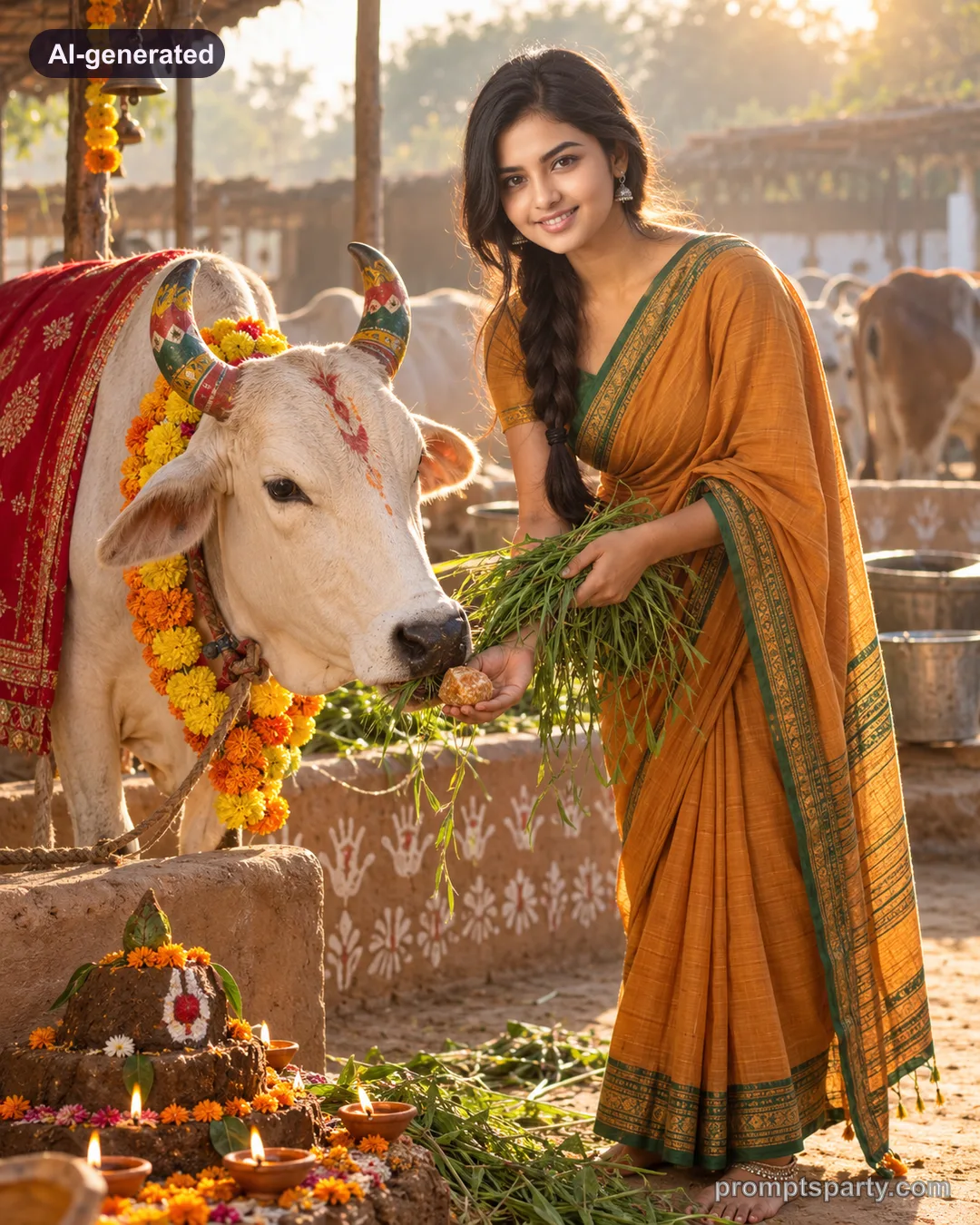 Riya feeding a decorated cow at a gaushala on Govardhan Puja, ChatGPT version