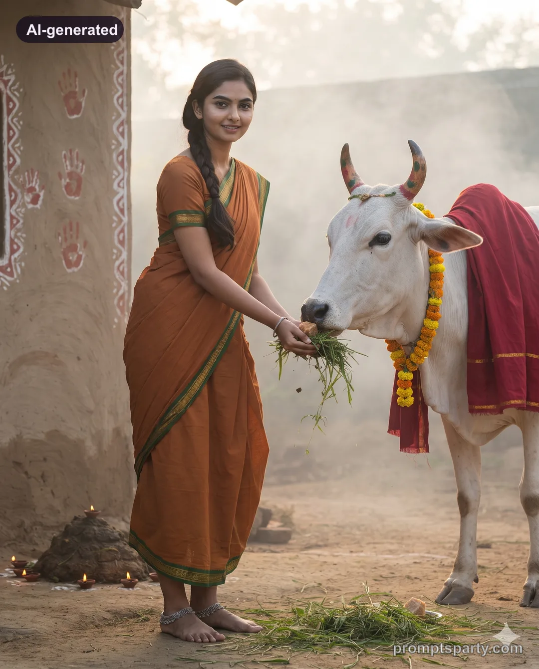 Riya feeding a decorated cow at a gaushala on Govardhan Puja, Gemini version