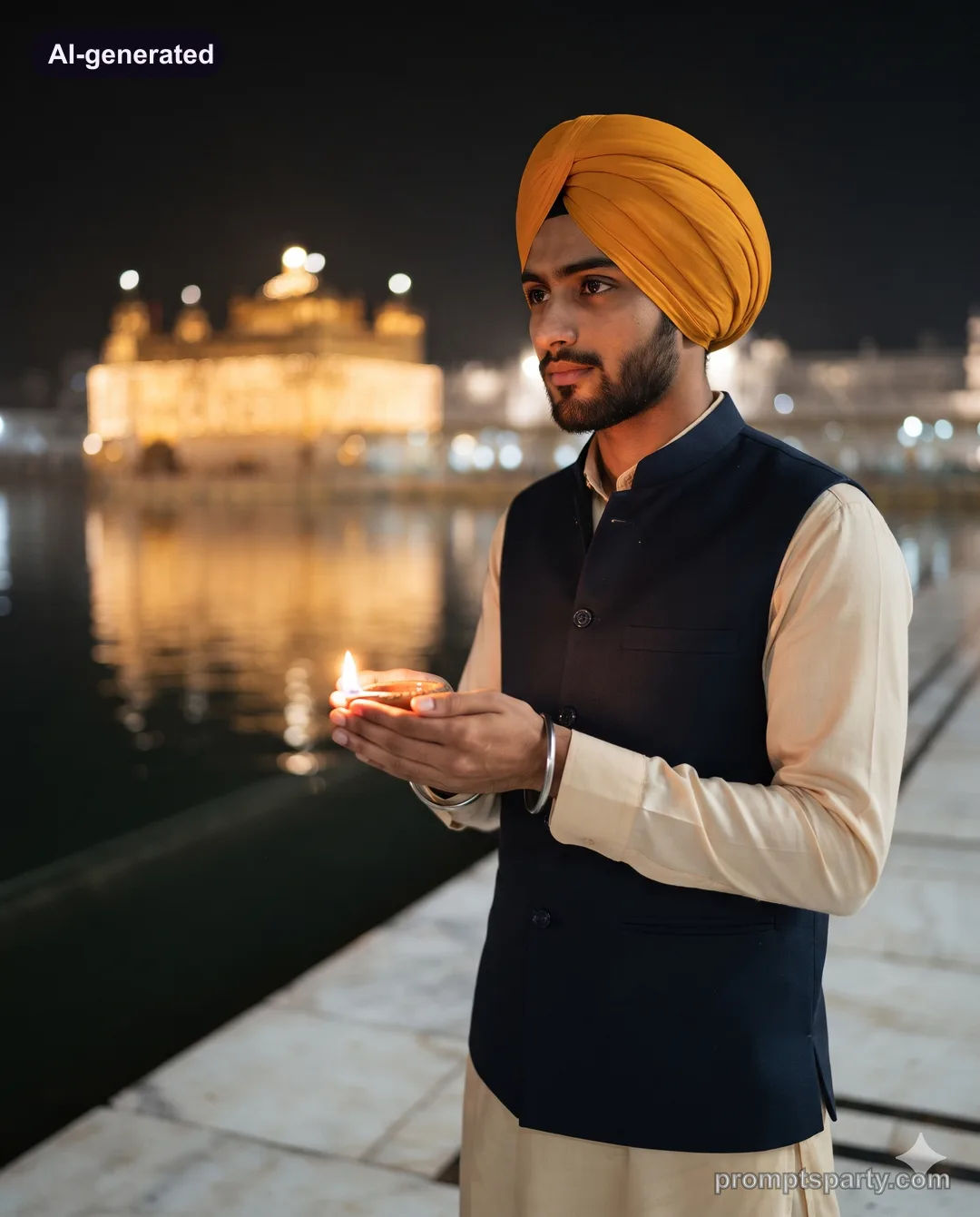 Arjun in a saffron pagg holding a diya by a glowing sarovar, Gemini version