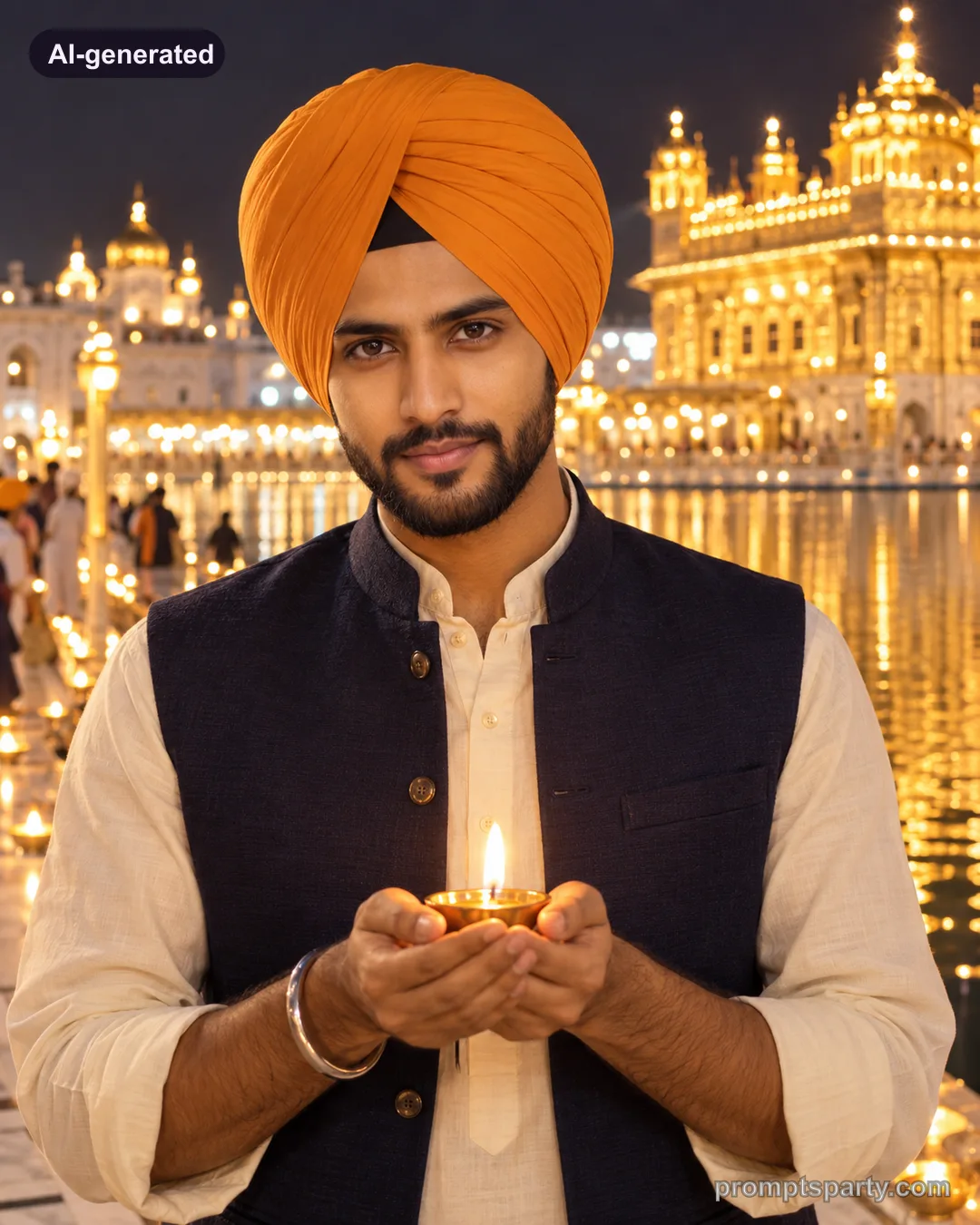 Black-and-white portrait of Riya holding a diya with a golden flame, ChatGPT version