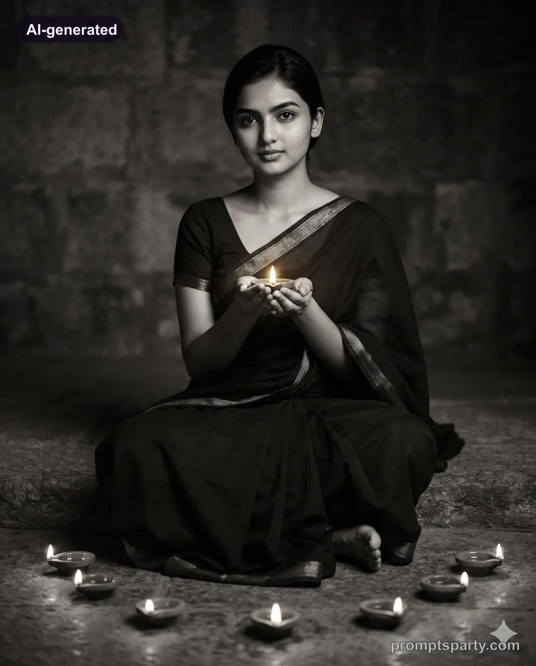 Black-and-white portrait of Riya holding a diya with a golden flame, Gemini version